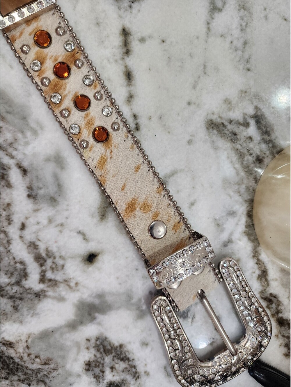 Western Style Belt with Brown and Amber Gemstone Accents and Silver Stud Detal - Picture 3 of 8